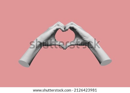 Human female hands showing a heart shape isolated on a pink color background. Feelings and emotions. Trendy 3d collage in magazine urban style. Contemporary art. Modern design
