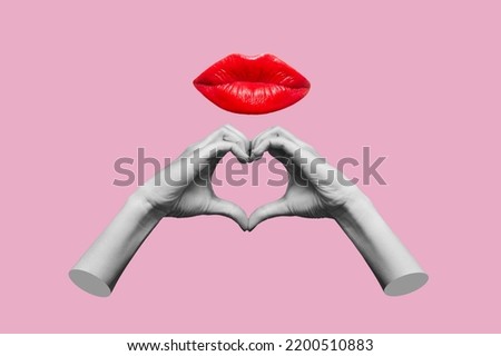 Human female hands showing a heart shape and lips with glossy red lipstick sending kiss isolated on a pink color background. Trendy collage in magazine urban style. Contemporary art. Modern design