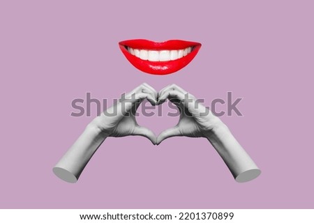 Human female hands showing a heart shape and smiling mouth with red lips isolated on a purple color background. 3d trendy collage in magazine style. Contemporary art. Modern design