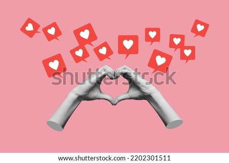 Human female hands showing a heart shape and like symbols from social networks isolated on pink color background. 3d trendy collage in magazine style. Contemporary art. Modern design