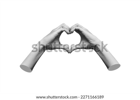 Photo of Human female hands showing a heart shape isolated on a white background. Feelings and emotions. Trendy collage in magazine urban style. Contemporary art. Modern design