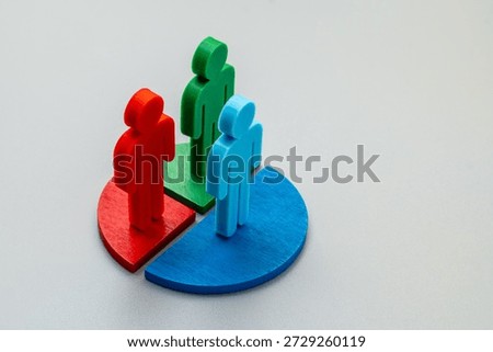 Human figures standing on separated pie chart segments. Population distribution, market segmentation, demographic target groups concept. Copy space for text.