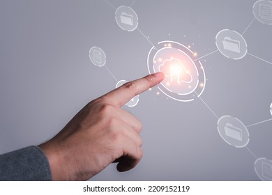 Human Finger Pointing At The Cloud Icon. Global Data Transfer With Cloud Computing, Global Internet, Communication, Big Data Network, Copy Space.