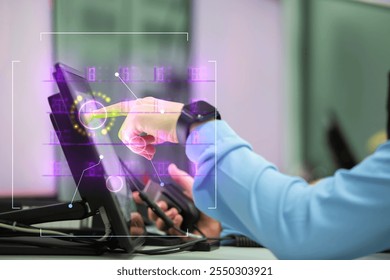 A human finger points to a computer screen with a green button. It displays graphs and glows from numbers. New technologies. - Powered by Shutterstock