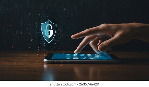 A human finger touches a smartphone screen, activating a digital security shield. It emphasizes secure access and data protection in digital interaction.