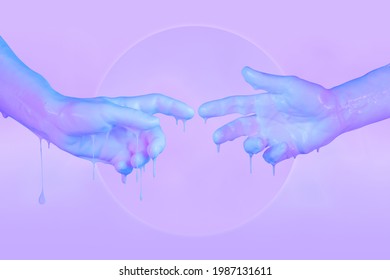 Human fingers dipped in color paint. Painted hands. Liquid drips off palms. Gesture. Contemporary art collage. Abstract surreal pop art style. Modern concept image. Zine culture. Funky minimalism.