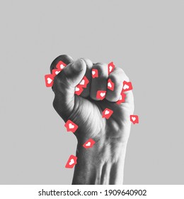 Human Fist Full Of Likes. Stop Addiction Of Social Media. Modern Design, Contemporary Art Collage. Inspiration, Idea, Trendy Urban Magazine Style. Negative Space To Insert Your Text Or Ad.