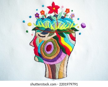 Human Flower Head Grow Bloom Blossom In Nature Abstract Mind Mental Health Spiritual Brain Imagine Inspiring Therapy Meditation Healing Art Illustration Hand Embroidery Fabric Textile Texture Fantasy