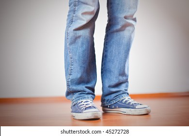 Human Foot Jeans Sneakers On Wooden Stock Photo 45272728 | Shutterstock