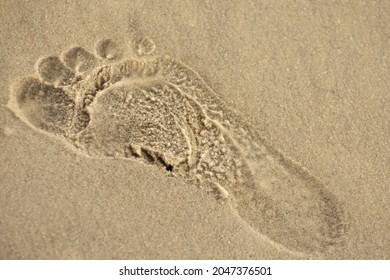 Human Footprint On Wet Sand, Close Up. Sand Texture And Background.