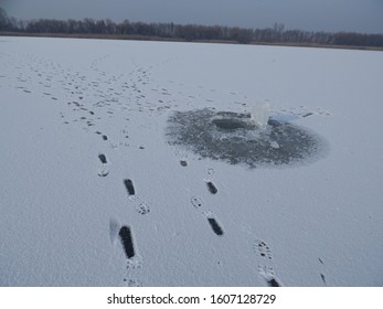 Human Footsteps On The Frosty Ice Of The Frozen Lake Tisza In Winter