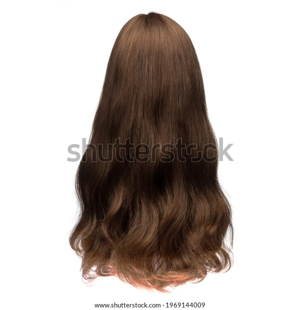 Human hair wig on a mannequin. Back view. Brunette.\
Straight hair