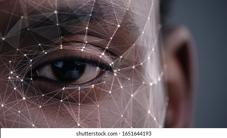 Human Half Face For Facial Recognition. African American Man Brown Eye Biometrical Iris Reading With Animated Dots And Lines. Augmented Reality. Futuristic Face ID. Science And Technology.