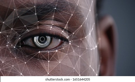 Human Half Face For Facial Recognition. African American Man Brown Eye Biometrical Iris Reading With Animated Dots And Lines. Augmented Reality. Futuristic Face ID. Science And Technology.