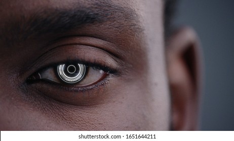 Human Half Face For Facial Recognition. African American Man Brown Eye Biometrical Iris Reading With Animated Dots And Lines. Augmented Reality. Futuristic Face ID. Science And Technology.