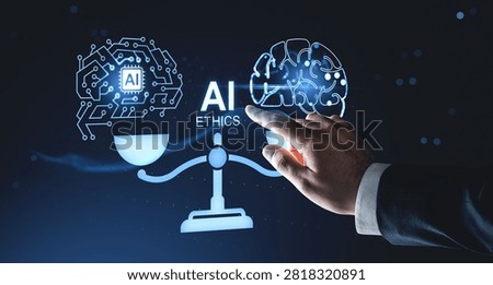Human hand with AI ethics scale, digital line art brain and circuit icons on dark background, concept of responsible technology