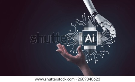 Human hand and Android robot hand, Technology, Machine learning, Neural network. Concept of using AI technology in present and future era for business. Copy space for your text.