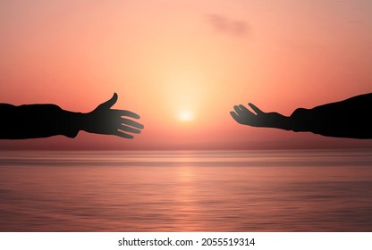 Human hand Asking help Concept Get Hired Concept. hands helping each other Against Sunrise sea background. People helping, God salvation and Peace concepts - Shutterstock ID 2055519314