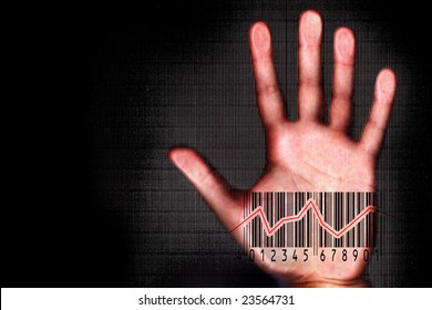 Human hand beeing scanned with barcode halogram  - futuristic and security concept