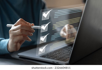 Human hand with checking mark on checklist, checklist survey, check mark, yes, questionnaire,  filling digital, list, assessment, exam, vote, answer, to do list, planning, business and verification