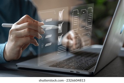 Human hand with checking mark on checklist, checklist survey, check mark, yes, questionnaire,  filling digital, list, assessment, exam, vote, answer, to do list, planning, business and verification