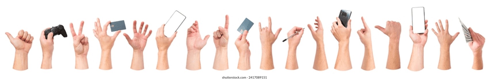 Human hand collection with remote control. Man hand hold credit card. Hold in hand a pencil, phone, smartphone, thumbs up, open palm. Various hand gesture - Powered by Shutterstock