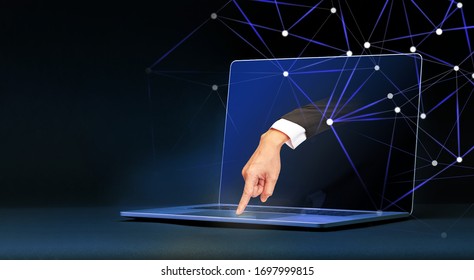 Human Hand Come Out From Laptop Computer Screen And Control The Computer, Remote Access, Cybersecurity, Machine Learning And Ai Or Artificial Intelligence Concept