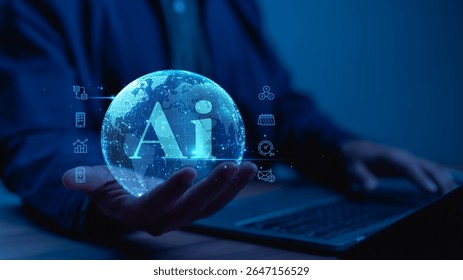 Human Hand Cradles Luminous Blue Digital Globe, Representing Global Ai Intelligence And Data driven Innovation This High-tech Vision Highlights Pervasive Reach Of Artificial Intelligence - Powered by Shutterstock - Get 15% off with code: PIKWIZARD15