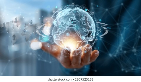 Human hand with digital technology link internet connection, earth, global, world, financial and banking, online communication, digital link tech, metaverse, business, big data analytics, intelligence
