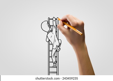 Human Hand Drawing Caricature Of Man Climbing Ladder