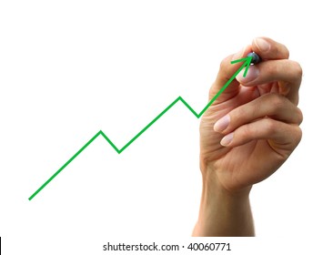 a human hand drawing a chart. isolated on white background