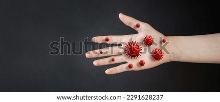Human hand with germs, bacteria and viruses. Medicine concept.