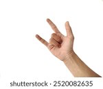 Human hand gesturing rock and roll, heavy metal, devil horns gesturing, isolated on a white background.