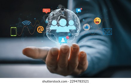 Human hand hold digital global technology link internet connection social media communication online, icon online social media, online marketing, technology, chat, post, like, follow, share, worldwide