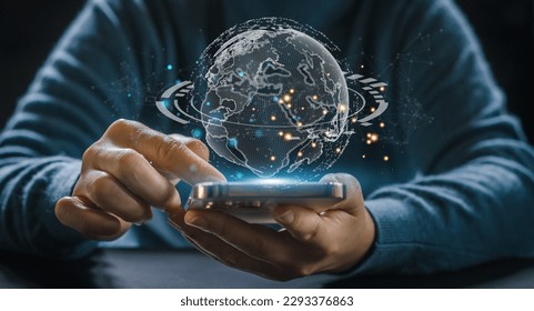 Human hand hold digital technology link internet connection, earth, global, world, financial and banking, online communication, digital link tech, metaverse, business, big data analytics, intelligence