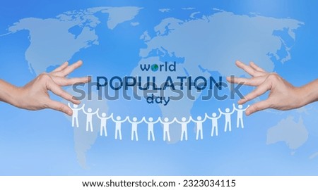 Human hand hold silhouette of human shape with blue and world map background for world population day