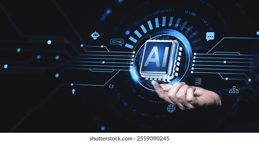 Human hand holding AI chip surrounded by holographic interface, futuristic digital icons, and tech-themed graphics. Innovation and robotics concept
