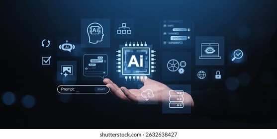 Human hand holding AI chip icon surrounded by digital interface symbols in a glowing blue futuristic style on a dark background, symbolizing innovation