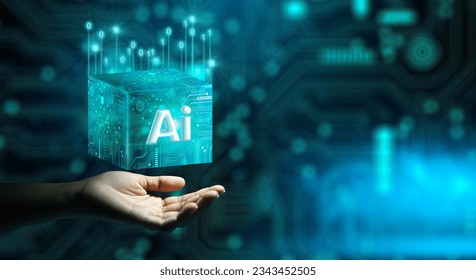 Human hand holding Ai Processor chip of Cube Technology. Big data storage, Cloud computing, Machine learning, Ai blockchain technology. Artificial intelligence learnability Concept.