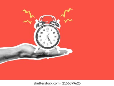 Human hand holding alarm clock on red background, idea concept - Powered by Shutterstock