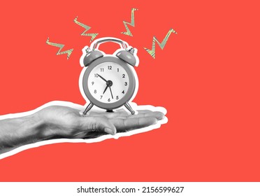 Human hand holding alarm clock on red background, idea concept - Powered by Shutterstock