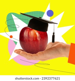 Human hand holding apple with graduation cap over abstract yellow background. Graduating university. Contemporary art collage. Concept of international day of education, knowledge. Colorful design - Powered by Shutterstock