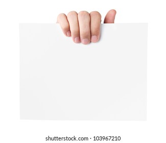 Human Hand Holding Blank Advertising Card Isolated On White Back