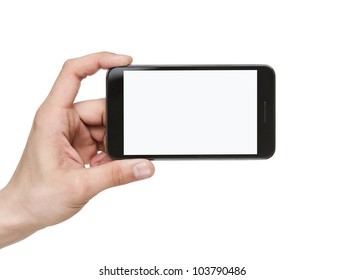 Human Hand Holding Blank Mobile Smart Phone Isolated On White Background With Clipping Path For The Screen