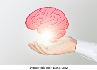 Human hand holding brain illustration. Mental health concept. - Shutterstock ID 1635370882