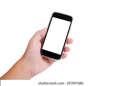 Human Hand Holding Cell Phone (smartphone) With Blank Empty Screen Isolated On White Background