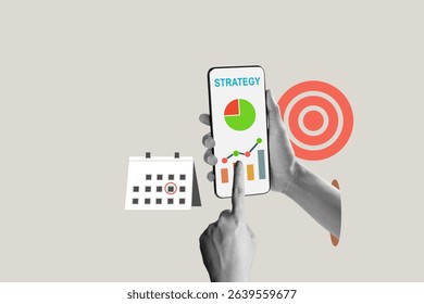Human hand holding a cellphone with a strategy graph and chart on the screen. Concept of strategy planning. Collage art