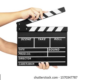 human hand holding clapperboard isolated on white background - Shutterstock ID 1570347787