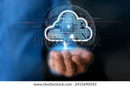 Human hand holding cloud technology transfer, Data storage, network, Internet, server services, online, system for sharing download and upload big data information, backup service concept
