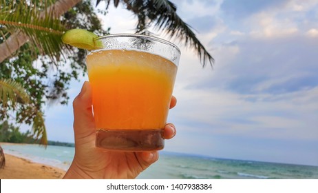 human hand holding a glass of fresh orange juice on island background.